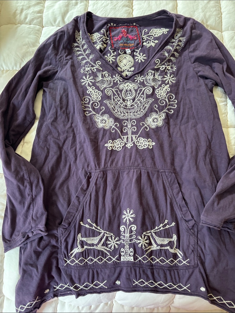 Embroidered Long Sleeve V-Neck Tunic - Purple